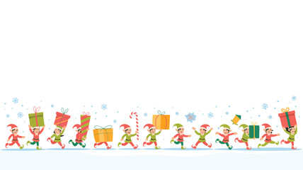 A group of christmas elves running with gifts and a candy cane against a white background with snowflakes