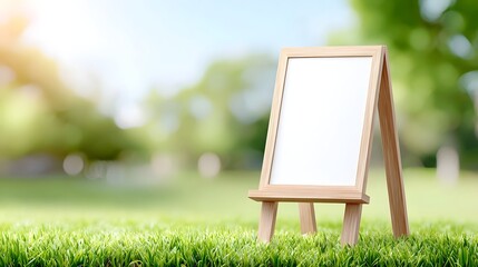 A blank white board on a wooden easel stands on lush green grass in a sunlit park  Blurred trees and bright sky create a serene peaceful outdoor setting ideal for creative messages