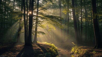 Obraz premium Morning Sunrays Illuminating a Tranquil Woodland Stream Scene