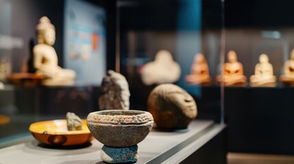 Ancient Artifacts in Museum Display Featuring Historical Sculptures and Unique Stone Objects