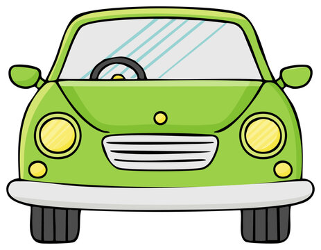 Green cartoon car with round headlights and wheels. Front view, vector.