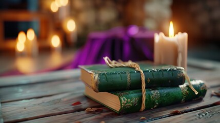 Vintage leather-bound books with ornate cover resting on wooden table beside glowing candle and purple fabric backdrop