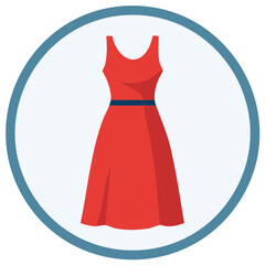 Elegant red sundress design isolated inside a simple blue circle for a modern, stylish presentation.