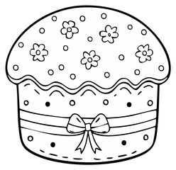 Cute decorated Easter cake with flowers and a bow coloring page illustration
