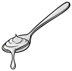 A cartoon spoon with a dollop of white cream or yogurt dripping from it