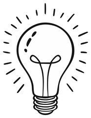 Illuminating light bulb radiating ideas with filament and light streaks hand drawn