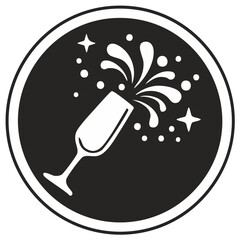 Champagne glass and splash with stars graphic in a black circle