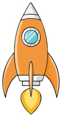 Cartoon orange rocket with flame, launching, flying, vector illustration; futuristic, fantasy, exploration and flight.