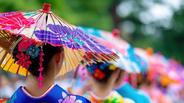 Vibrant Colors of Traditional Japanese Yukata and Umbrellas in Cultural Festival Celebrations