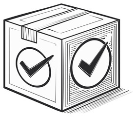 Verified delivery cardboard box with check mark symbol in a line art sketch style