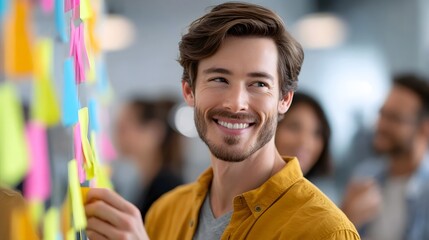 A smiling man in a yellow shirt places colorful adhesive notes on a wall engaged in a collaborative brainstorming session to develop ideas within a modern office environment