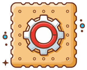 Gear icon on savory biscuit cracker for settings, customization, and process concepts