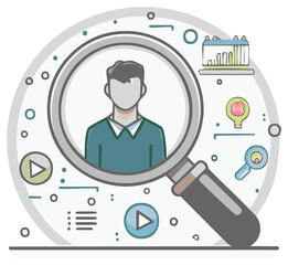 User profile search and selection with magnifying glass and application data icons