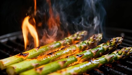 Grilling fresh asparagus spears over open flames, healthy vegetable dish on barbecue