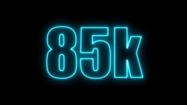 Glowing blue neon 85k sign on a black backdrop eighty five thousand number