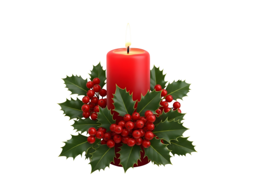 Red christmas candle decorated with holly and berries isolated on transparent background