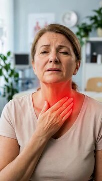 Mature Woman Suffering from Sore Throat and Thyroid Discomfort with Visual Effects