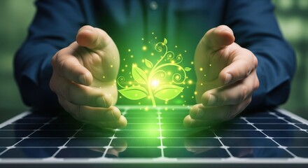 Hands Nurturing Plant Symbolizing Renewable Energy on Solar Panel Background