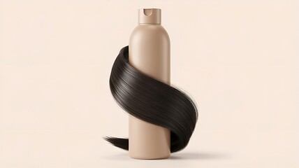 Shampoo Bottle with Black Smooth Hair Wrapped Around It on Neutral Background – Hair Care Product Concept