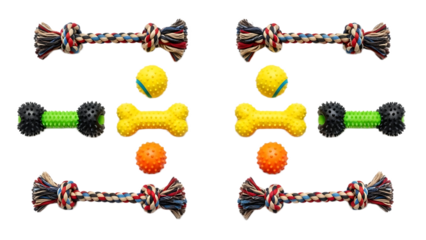 Arrangement of dog toys including rope toys bone shaped toys and spiky balls on a black background