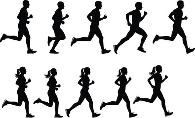 Black silhouettes of men and women running in a sequence on a white background runner