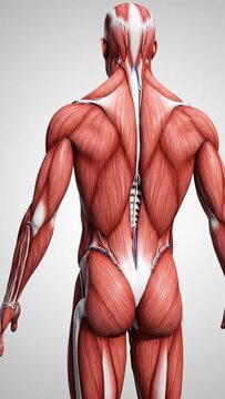 Anatomical illustration of a human male back showcasing muscles and spine.