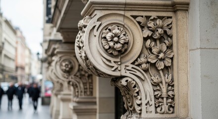 Obraz premium Ornate architectural details of historic building featuring floral stone carvings