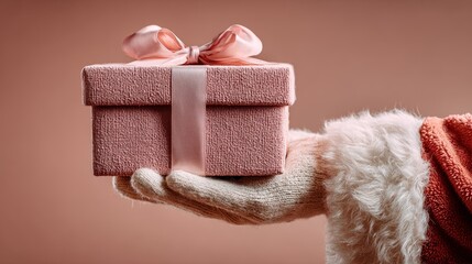 Gloved Santa hand holding pastel pink textured gift box with satin ribbon for female beauty holiday promotion