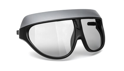 Modern eye protection with a silver headpiece and dark frame. The large lenses reflect light