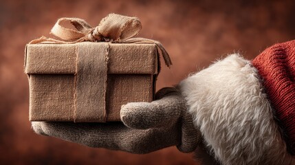 Winter glove displaying rustic brown craft gift box with fabric bow for vintage eco friendly Christmas concept