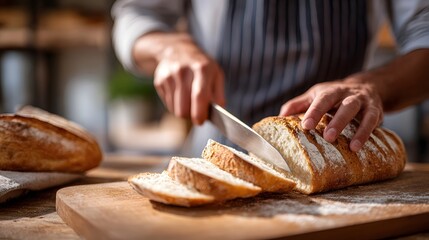Close up of a person s hands using a knife to slice a freshly baked crusty loaf of artisanal bread on a rustic wooden cutting board