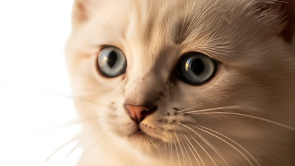 Close up of a light colored cat with blue eyes and pink nose looking slightly to the left side view