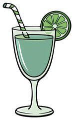 Stylized green cocktail with lime slice and striped straw in a glass