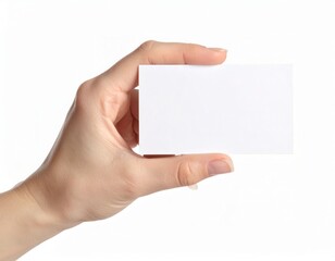 Obraz premium Hand holding an empty business card over white background, presentation mock up template