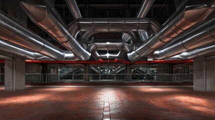 Fototapeta premium Library with interwoven pipe architecture glowing from internal fiber light systems cinematic top-down illumination with hard shadows on