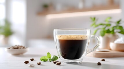 A clear glass cup of rich espresso with crema is presented on a kitchen counter with roasted coffee beans and fresh mint evoking morning comfort and refreshment