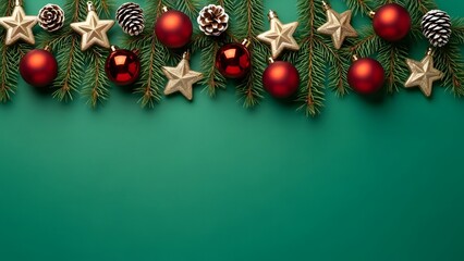 A festive Christmas border with fir branches, red baubles, golden stars, and pinecones on a green background, offering copy space.