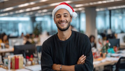 A cheerful portrait of a young man of African descent standing in a brightly lit, modern, open-plan office or co-working space.
