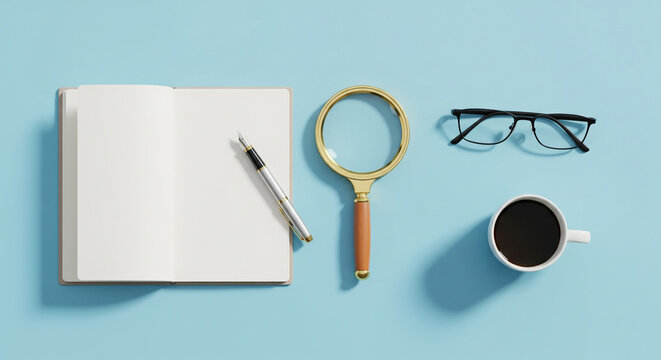Flat lay of office essentials for research and analysis, including a blank notebook, magnifying glass, and coffee on a blue background