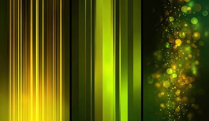 A vibrant abstract composed of vertical stripes and bokeh effects in shades of green and gold