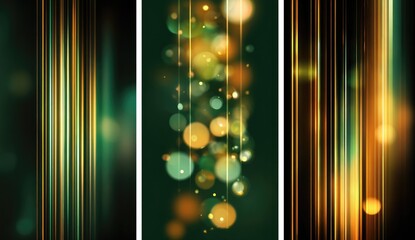 Three panels with abstract art showcasing glowing orbs and vertical lines in greens and golds