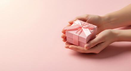 Hands holding a small pink gift box on a soft pink background, conveying celebration and appreciation