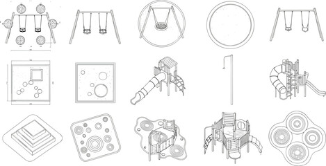 Collection of playground equipment blueprints including swings slides and climbing structures © Ambia Art