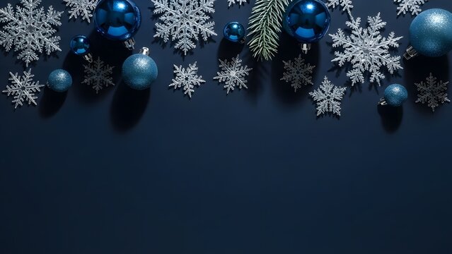 Elegant Christmas border with blue baubles and white snowflakes on a dark blue background.