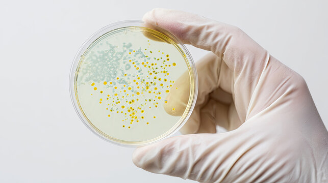 Hands in white gloves holding petri dish with visible microbial culture of bacteria and mold, isolated background close-up, laboratory media plate for technology research and food safety science.