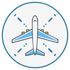 Airplane icon in a circle.  Illustration of an aircraft for travel and transportation concept.