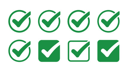 A collection of green check mark symbols in circles and squares on a white background, eight in total