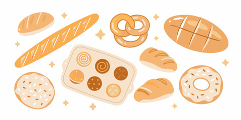Assortment of breads pastries and cookies on a white background