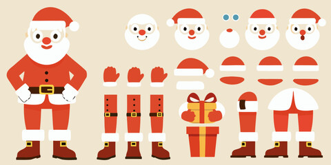 Santa claus character creation kit with various parts and gift