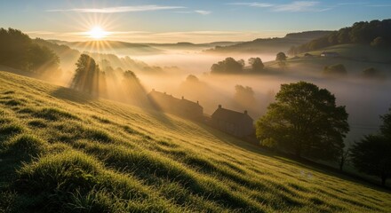 Golden sunrise over misty countryside hills with sunbeams and trees in early morning